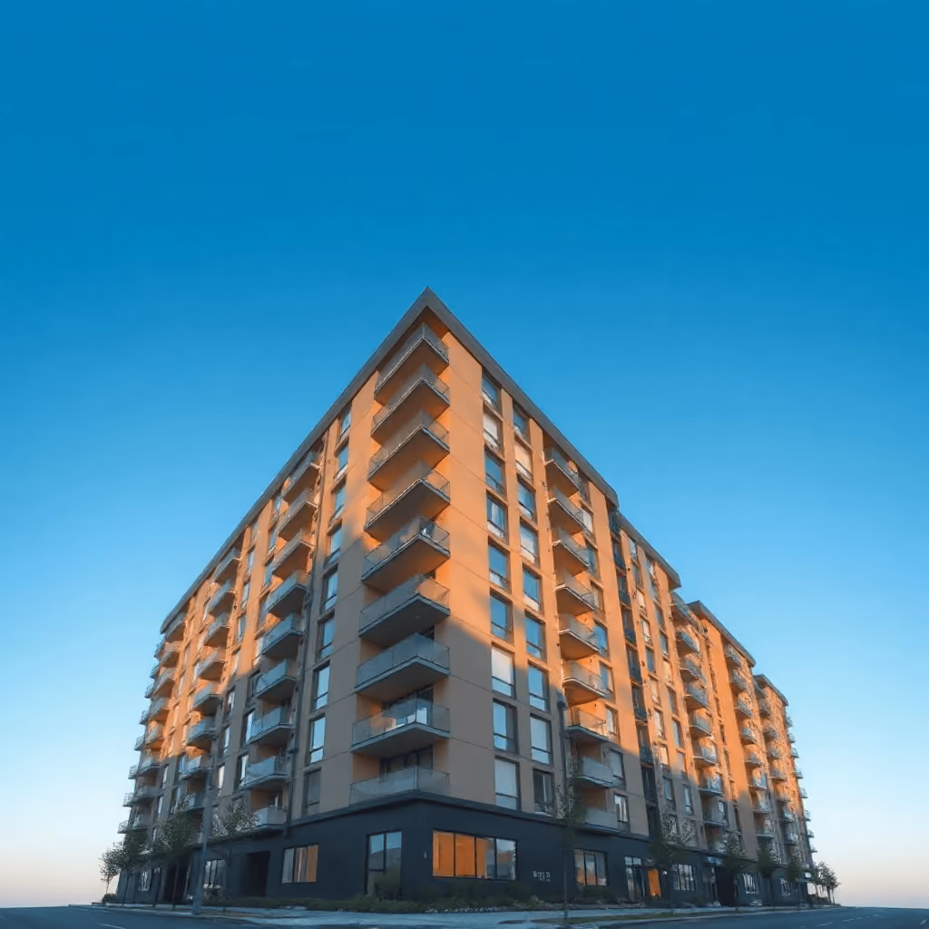 modern residential block of flats exterior daytime, real estate photography