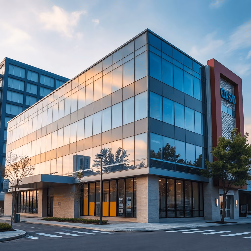 modern commercial office building exterior daytime, real estate photography