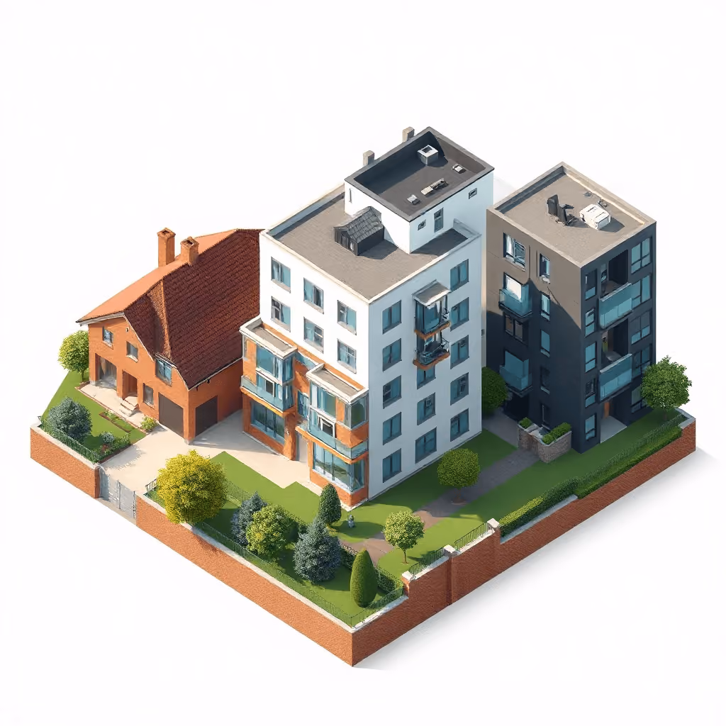 bespoke axonometric architectural illustration of UK property portfolio including a residential hous
