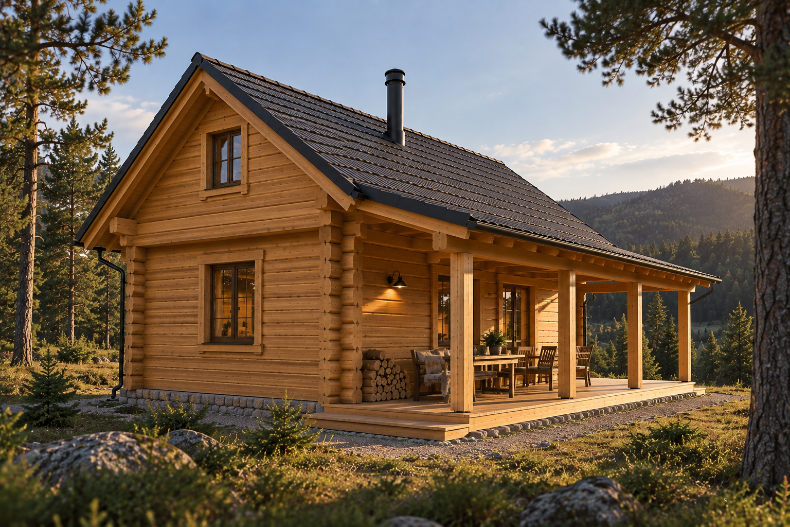 Vizualizácia poľovníckej chaty Najzrub WILD s terasou pozdĺž stavby