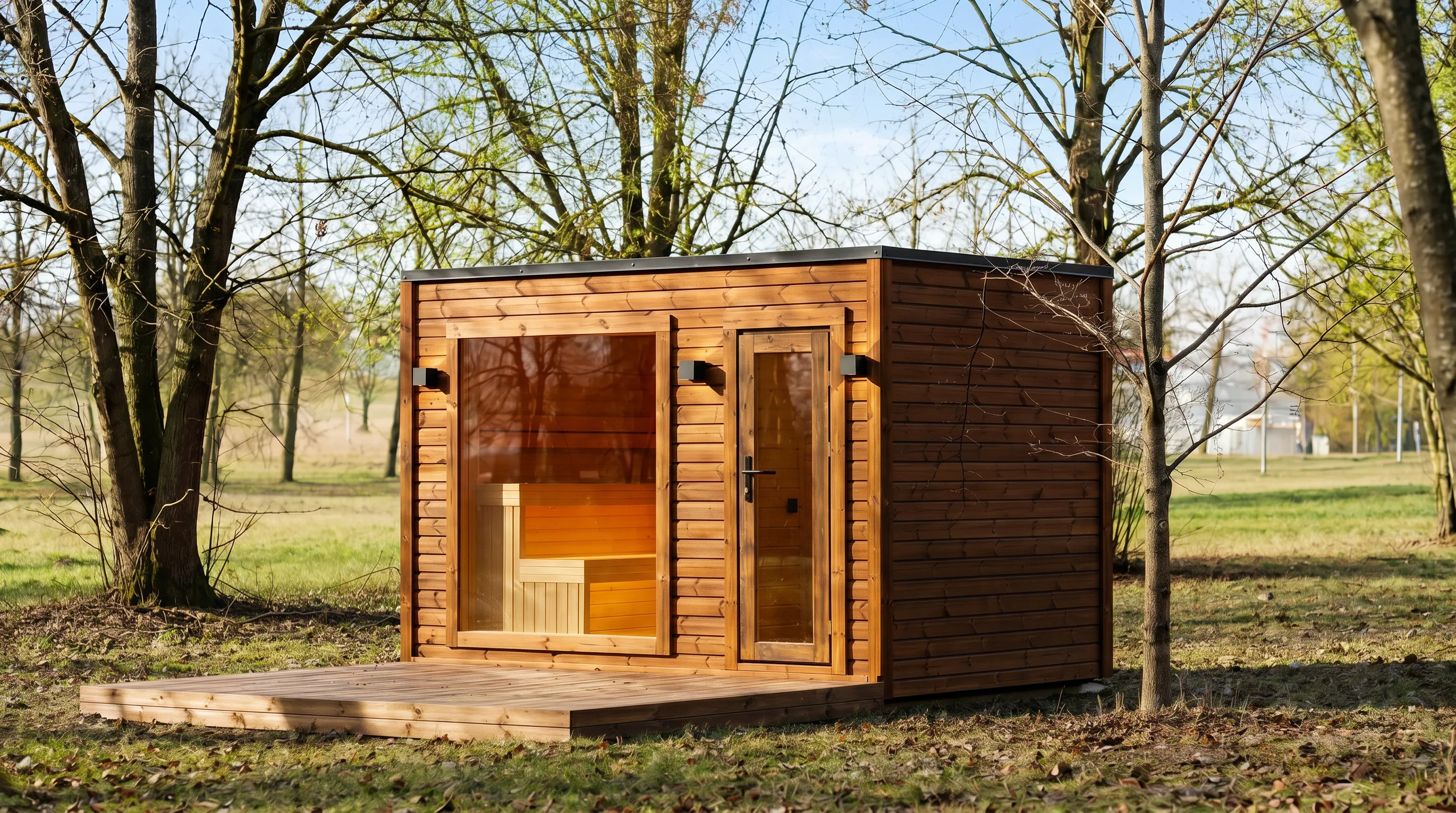 Drevená sauna s preskleným vstupom medzi stromami