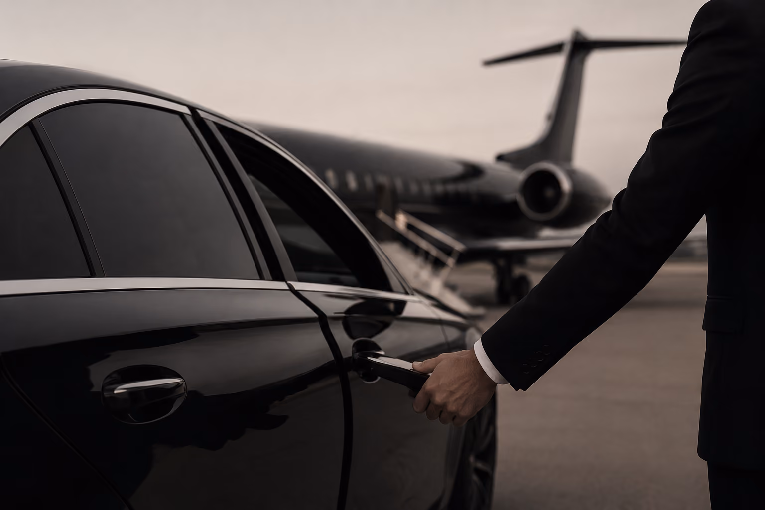 Person in suit opening car door near a private jet on an airstrip.