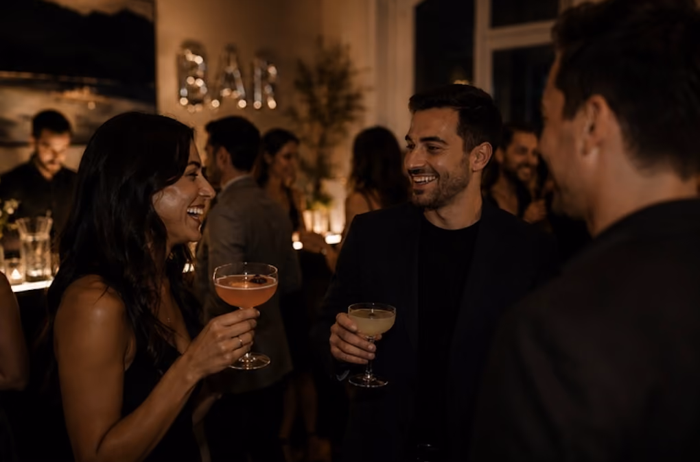 People socializing and holding cocktails inside a dimly lit bar setting with a BAR sign in background.