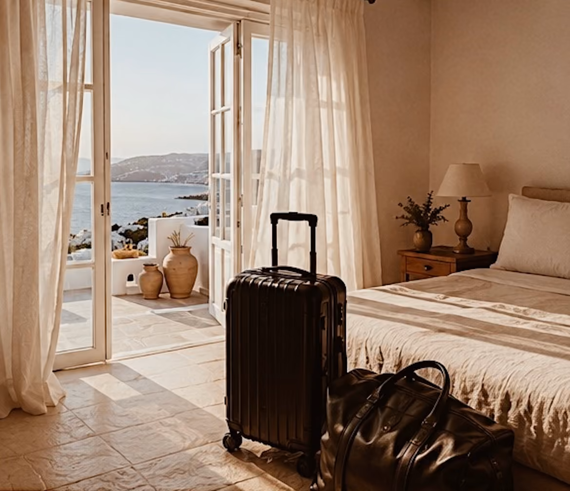 Hotel room with beige bed, wooden nightstand, open doors to sea view balcony, black suitcase and leather bag.