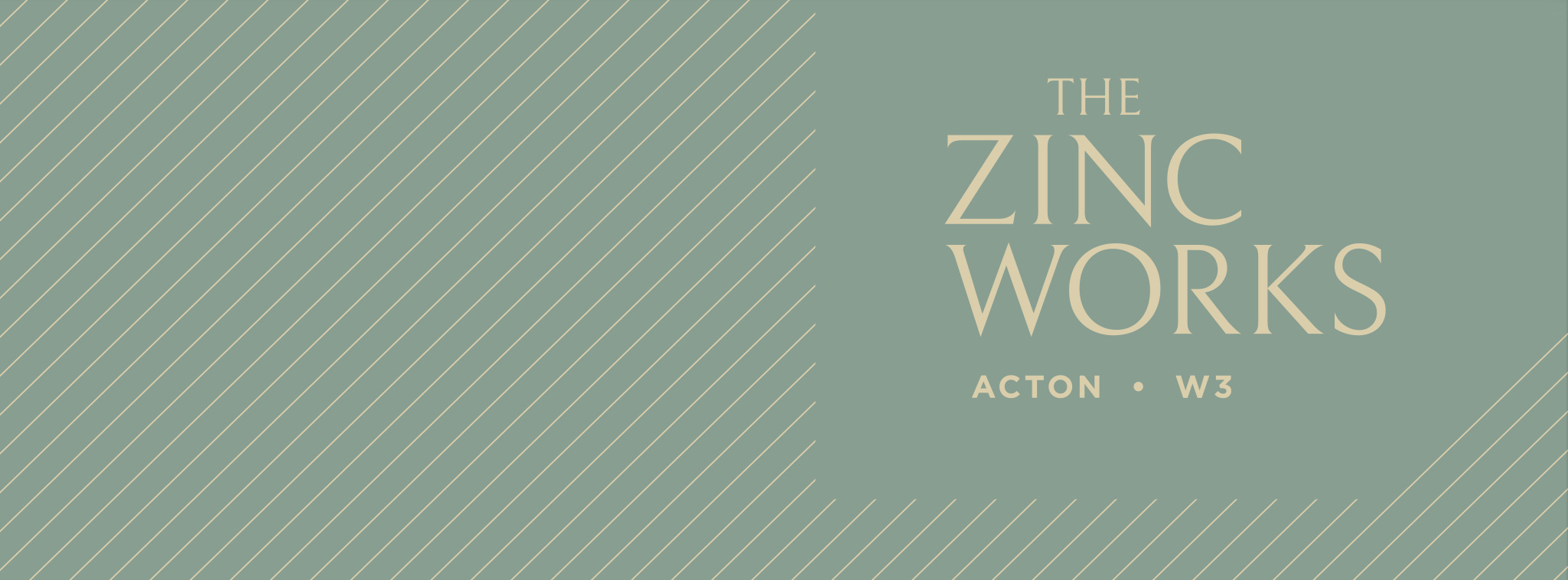 Logo for The Zinc Works with diagonal lines on an olive green background and text reading Acton W3.