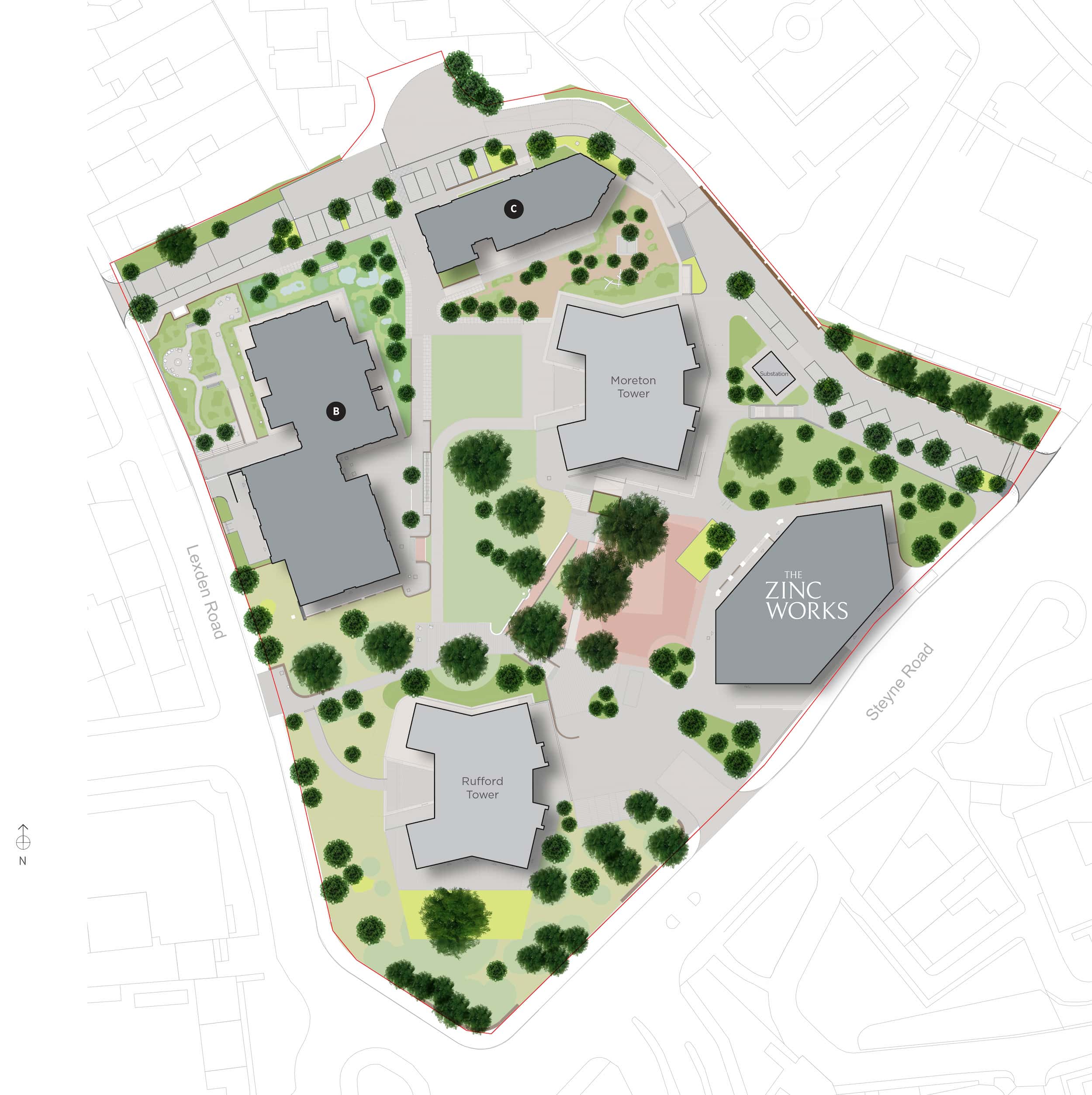 Site plan showing five grey buildings, green landscaping, pathways, and roads labeled Lexden and Steyne Road.
