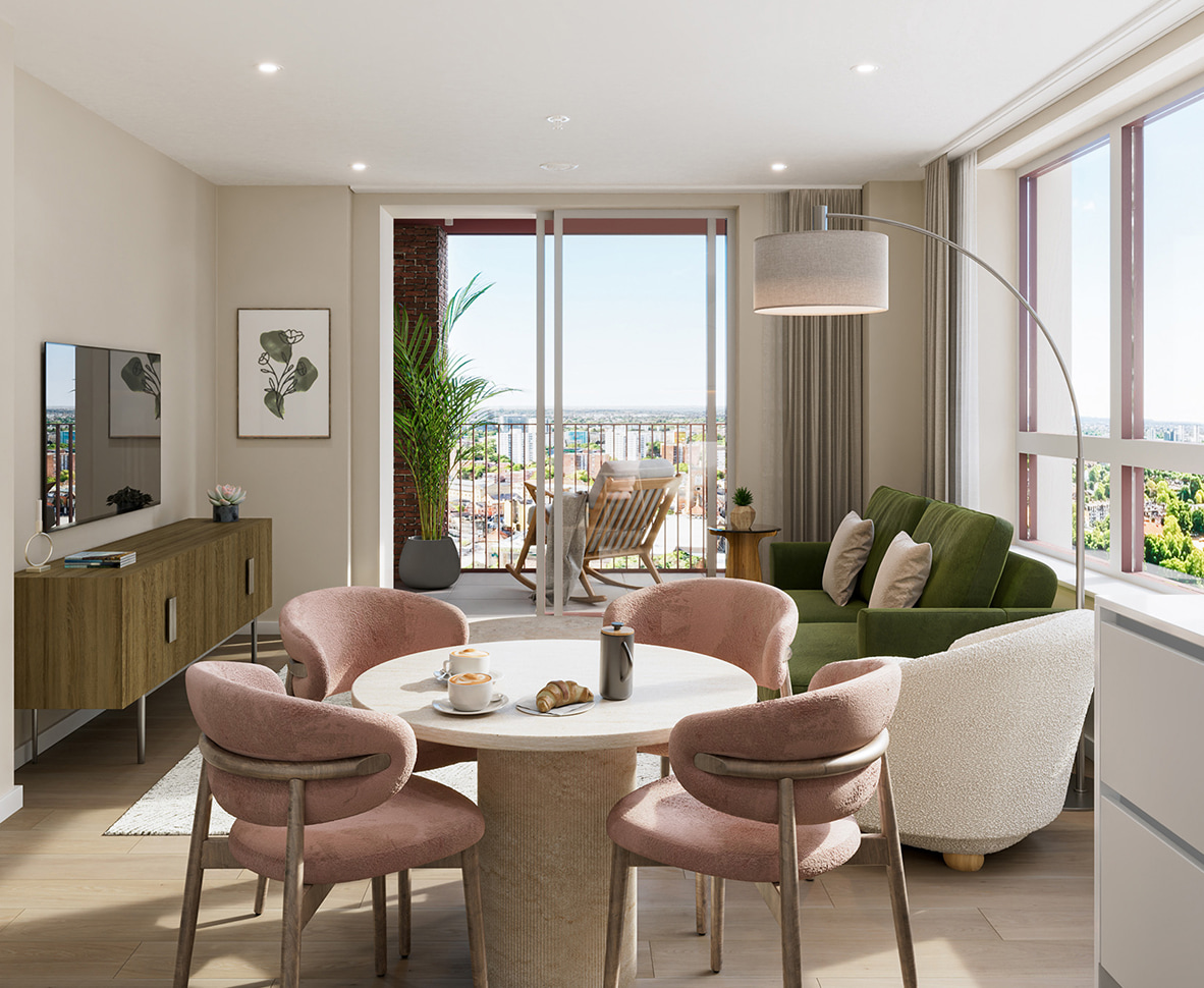 Modern living room with round table, pink chairs, green sofa, white armchair, and balcony with city view.
