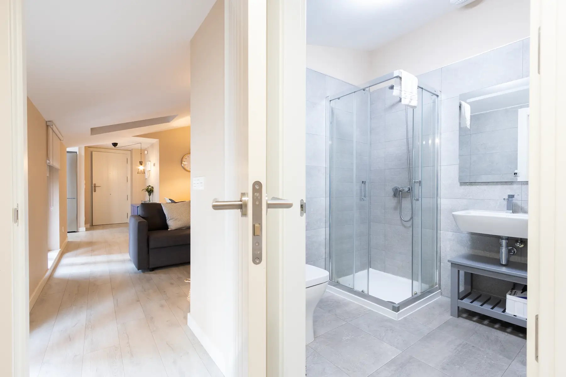 Entrada al baño con ducha — Apartamento de 1 habitación - Casita de Montse, InsideHome Palencia Centro, Palencia