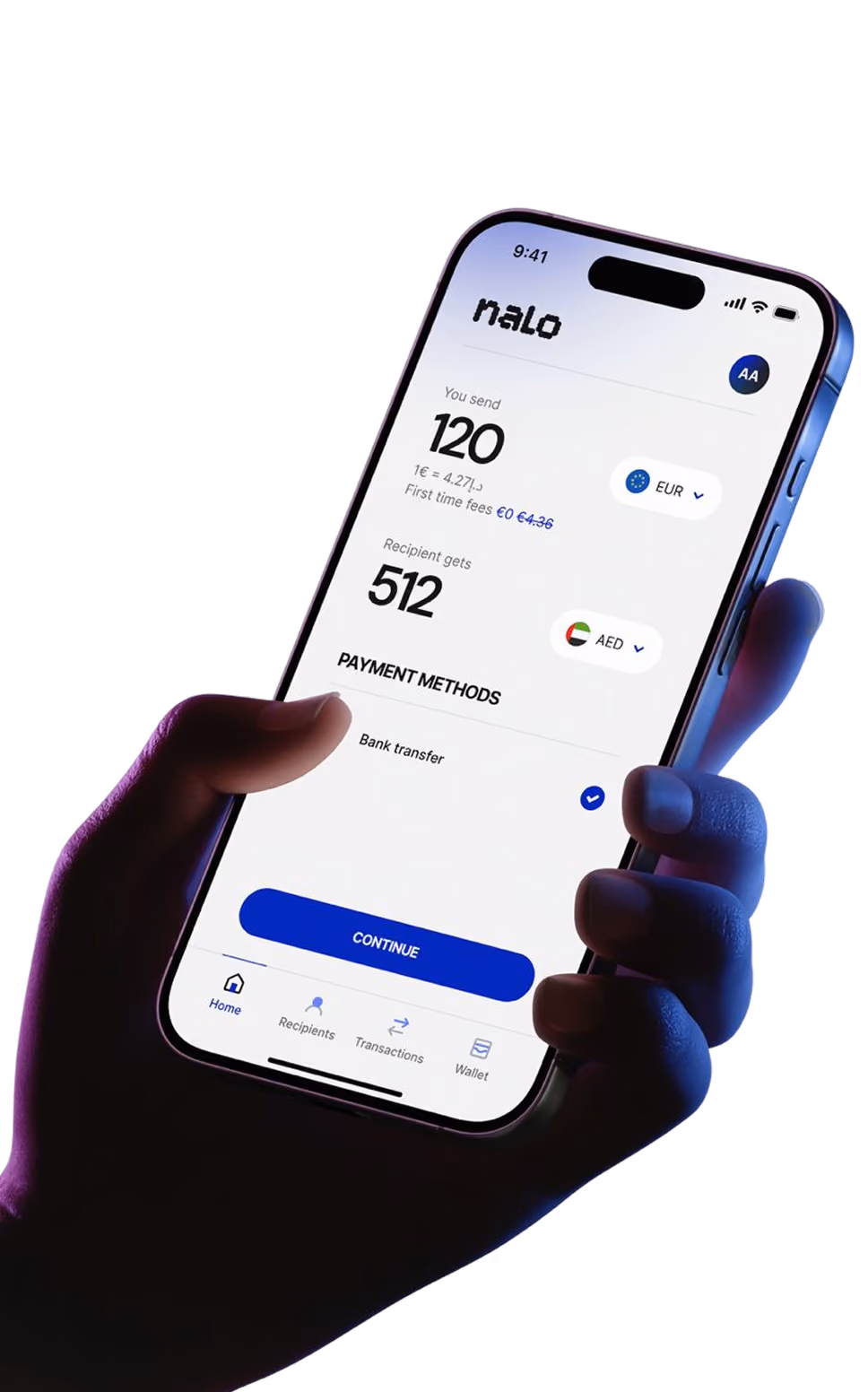 Hand holding phone showing Nalo app sending 120 EUR for 512 AED via bank transfer.