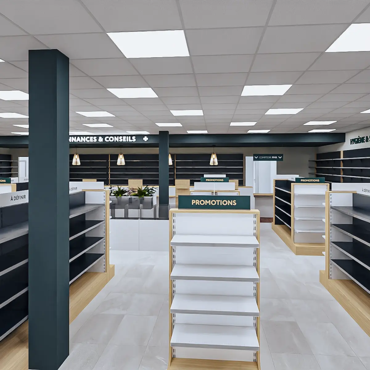 Rayonnages vides dans un magasin moderne avec panneaux 'Promotions' et éclairage au plafond.