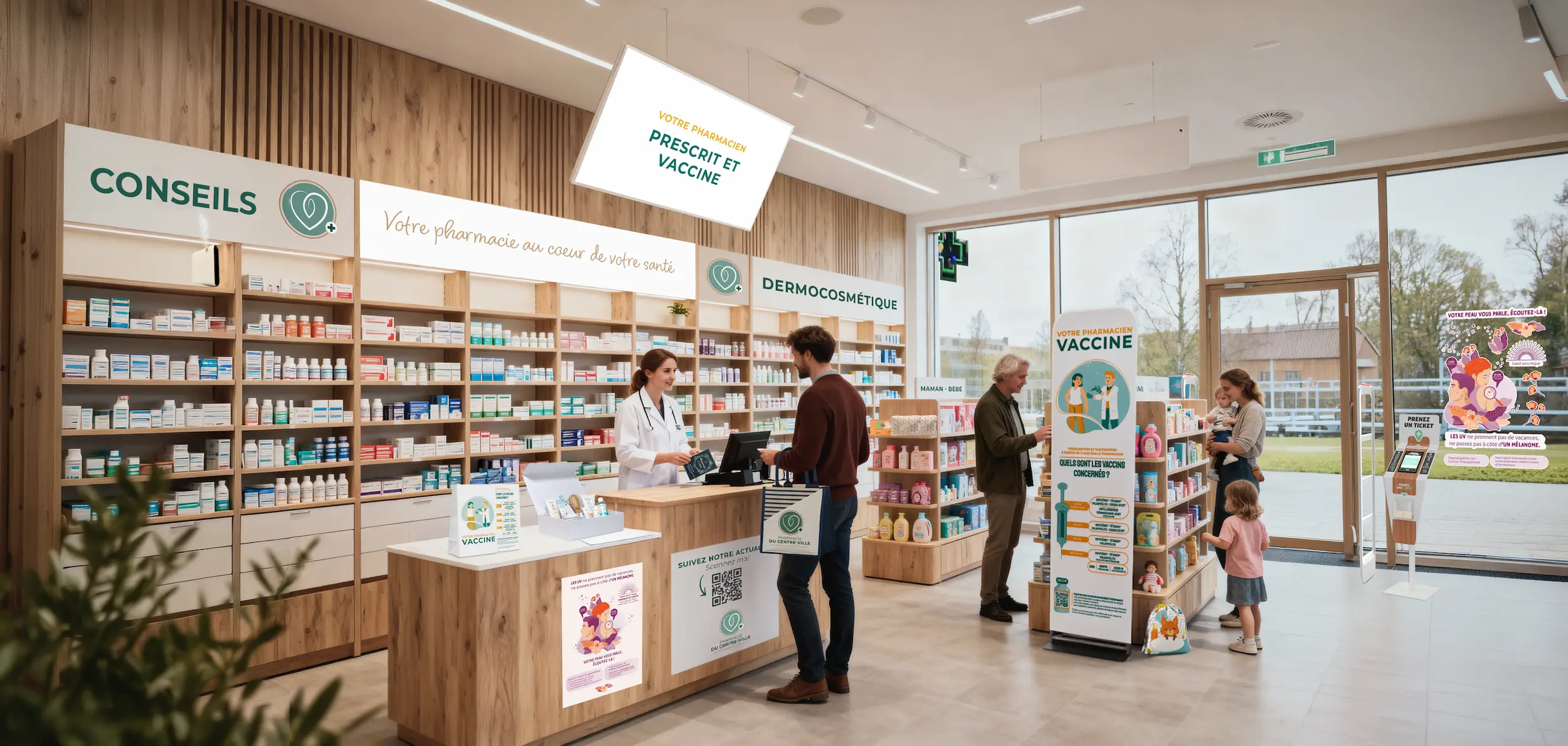 Pharmacie moderne avec pharmacie conseillant un client au comptoir et famille près des produits bébé.