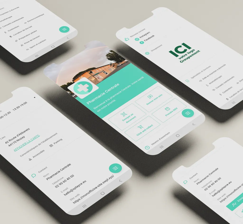 Écrans d'application mobile montrant une pharmacie centrale avec contact, services et réseaux sociaux.