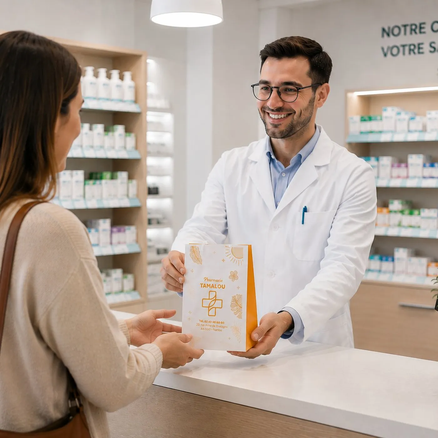 Un pharmacien souriant remet un sac de pharmacie à une cliente au comptoir.