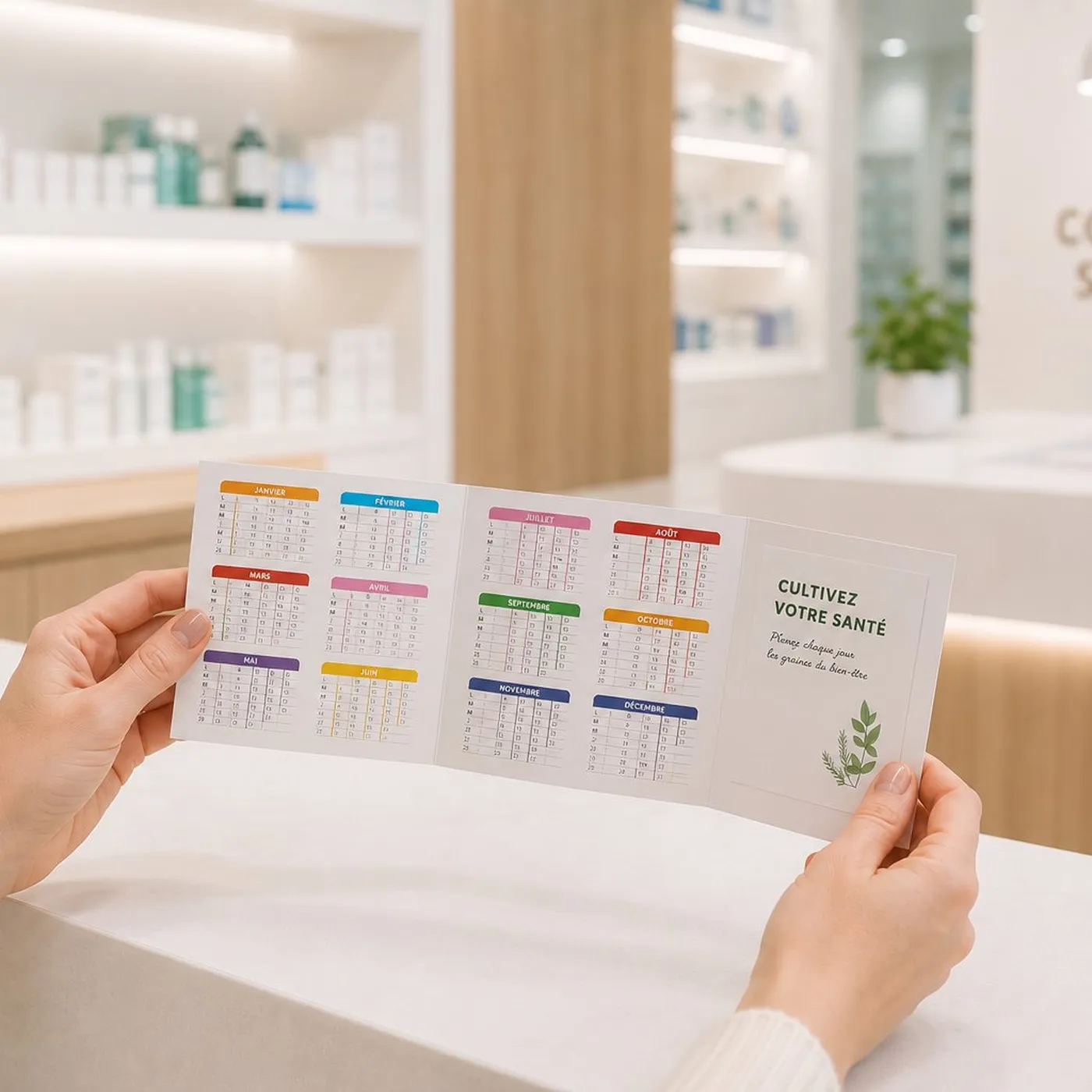 Personne tenant un calendrier coloré de 12 mois avec le texte Cultivez votre santé à droite.