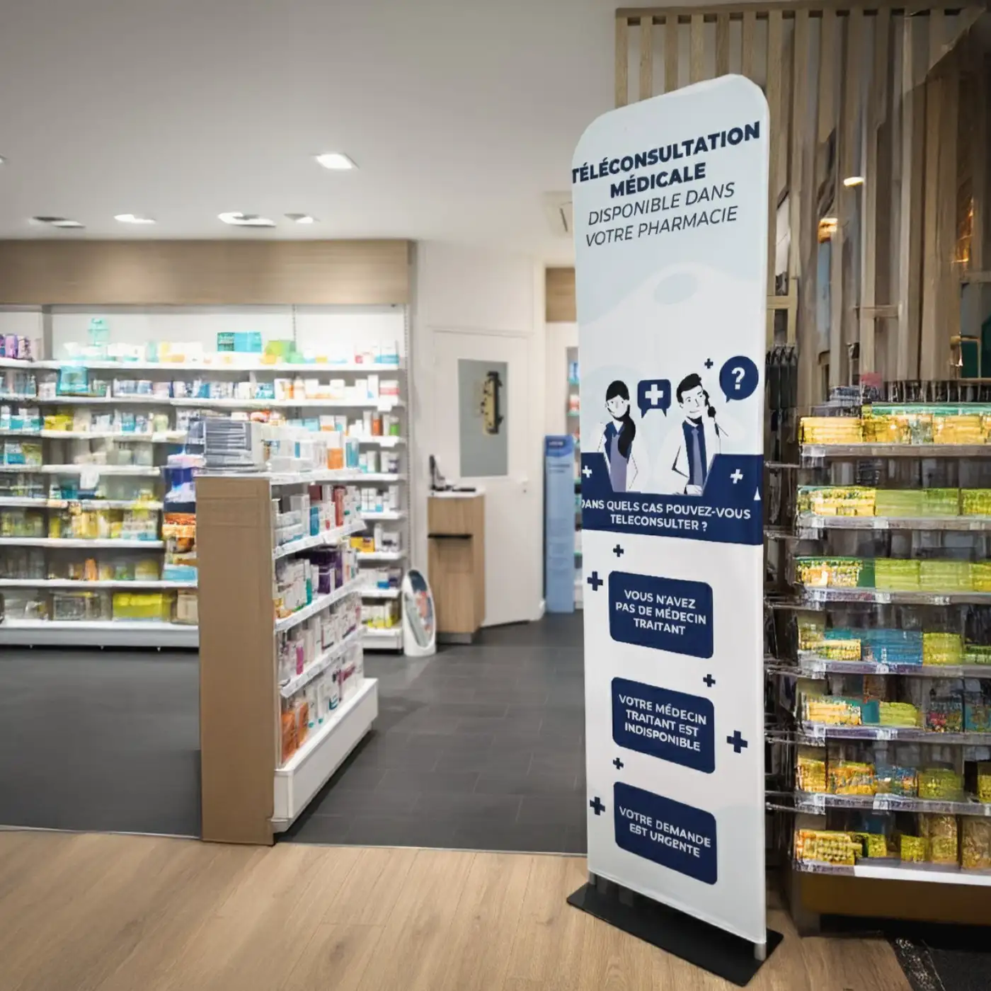 Affiche dans une pharmacie annonçant la téléconsultation médicale et ses cas d'usage.