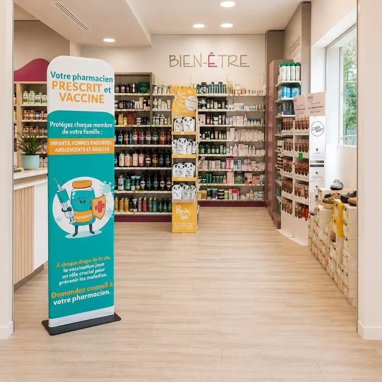 Intérieur d'une pharmacie avec un panneau sur la vaccination et des rayonnages de produits santé.