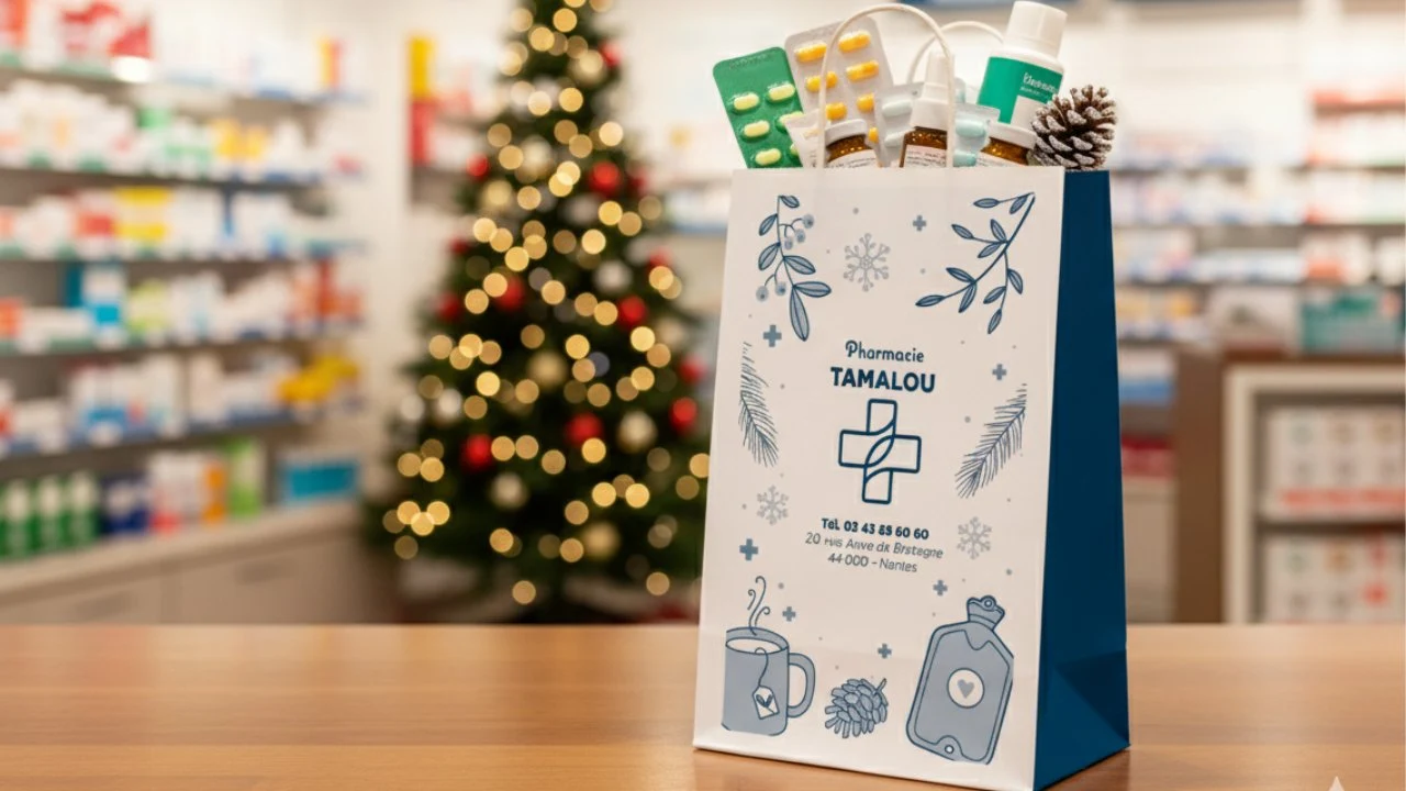 Sac de pharmacie Tamalou rempli de médicaments avec un sapin de Noël flou en arrière-plan.