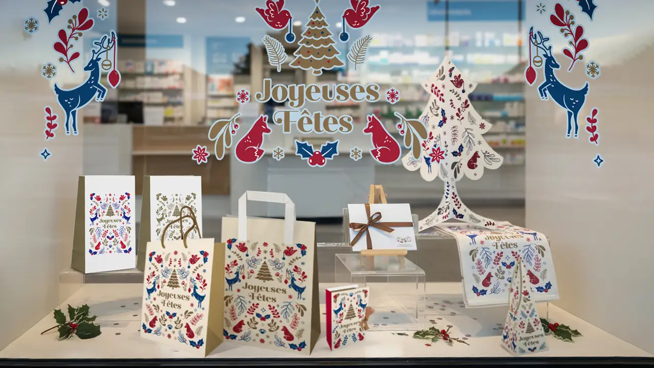 Vitrine décorée pour les fêtes avec sacs, cartes et décorations illustrant Joyeuses Fêtes.