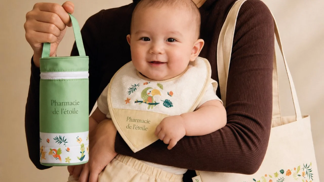Un bébé souriant porté par une personne tenant une trousse verte et un sac avec motifs floraux.
