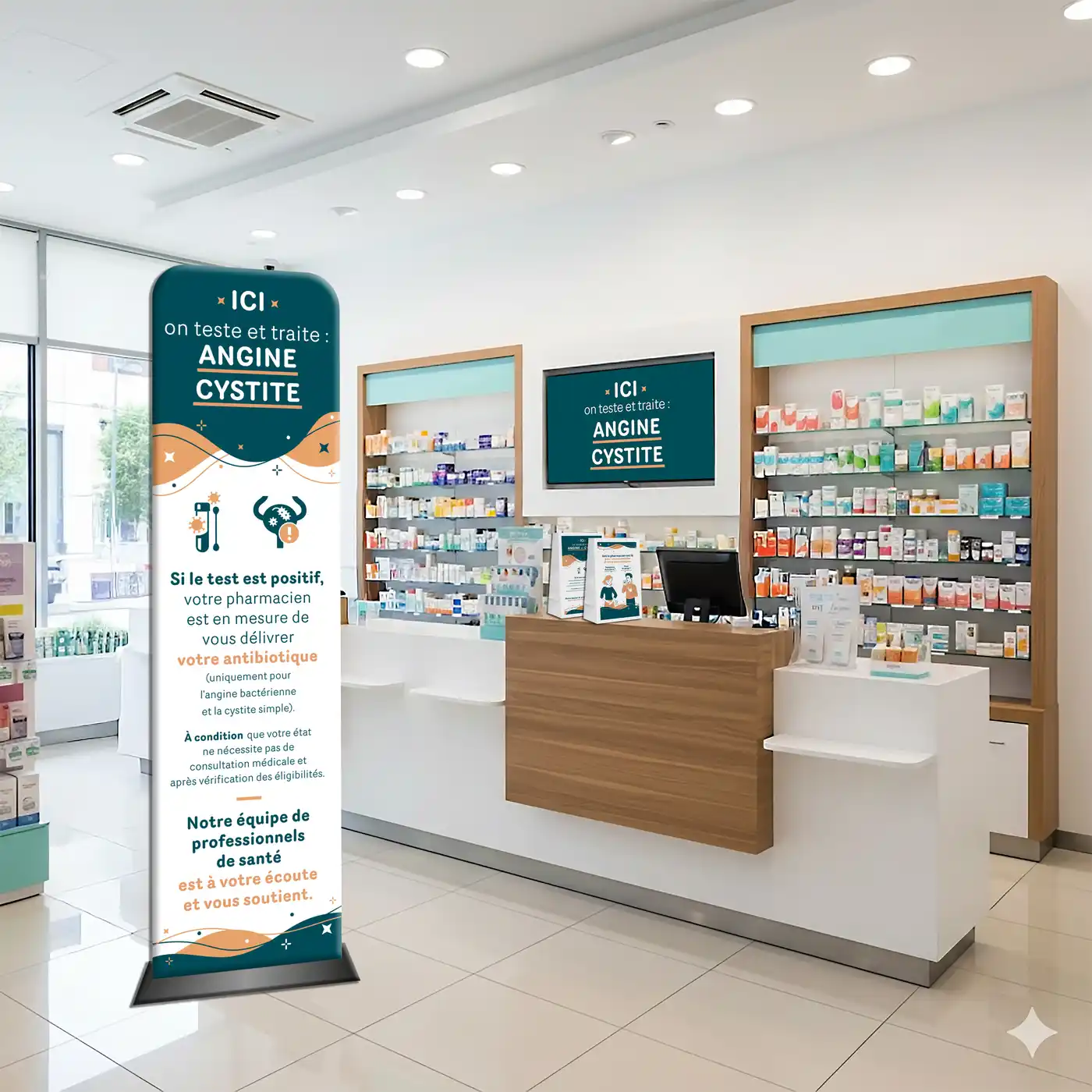Intérieur de pharmacie moderne avec comptoir bois et bannière traitant angine et cystite.