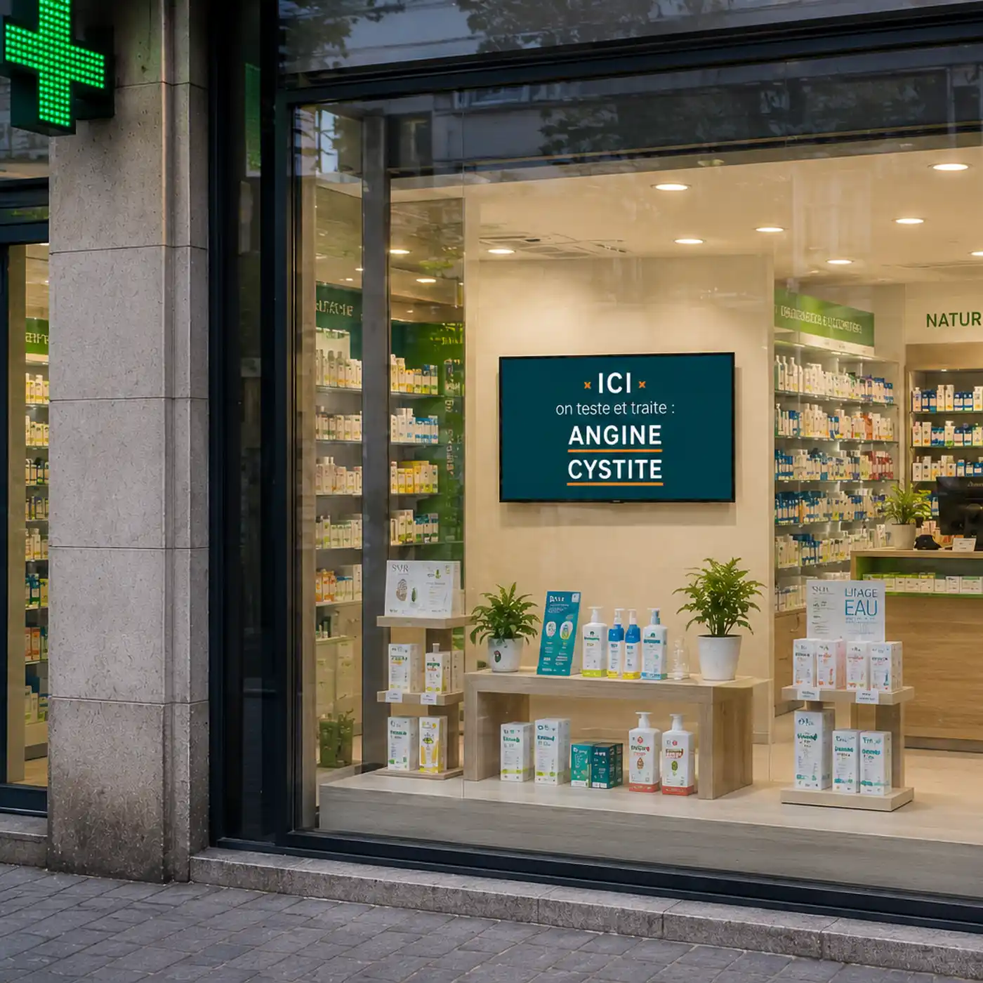 Vitrine d'une pharmacie avec un écran indiquant les tests et traitements pour angine et cystite.