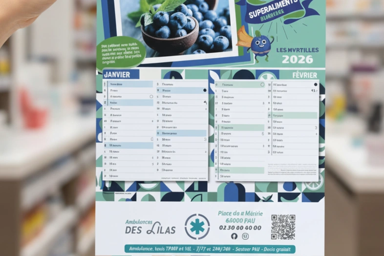 Calendrier 2026 avec images de myrtilles, mois de janvier et février, contact Ambulances Des Lilas à Pau.
