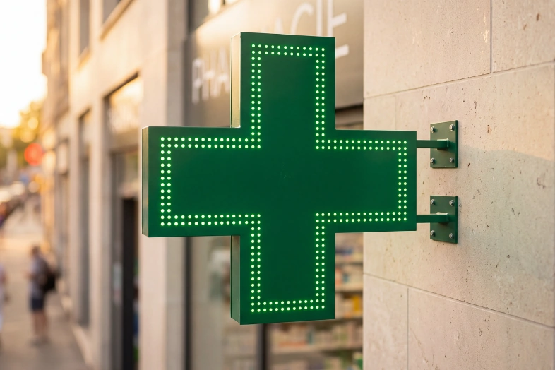 Enseigne croix verte lumineuse indiquant une pharmacie sur un mur extérieur urbain.