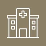 Icône blanche d'un hôpital avec une croix sur fond marron.