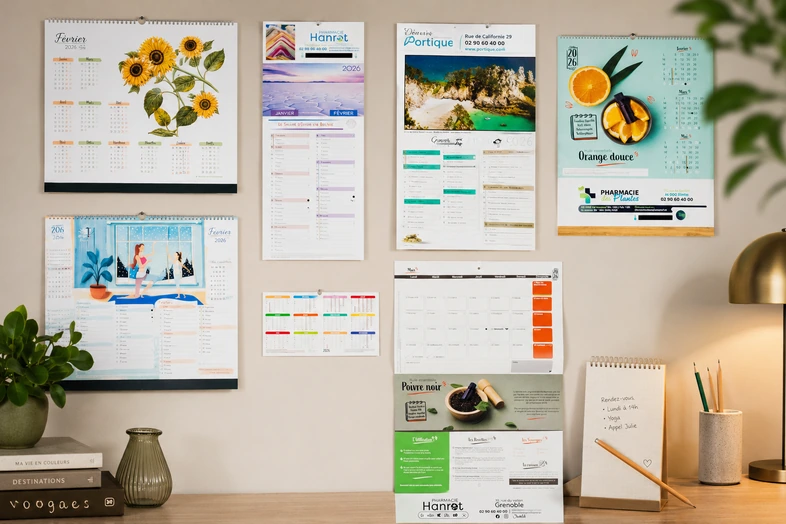 Mur avec plusieurs calendriers en papier accrochés au-dessus d'un bureau en bois avec objets et une lampe.