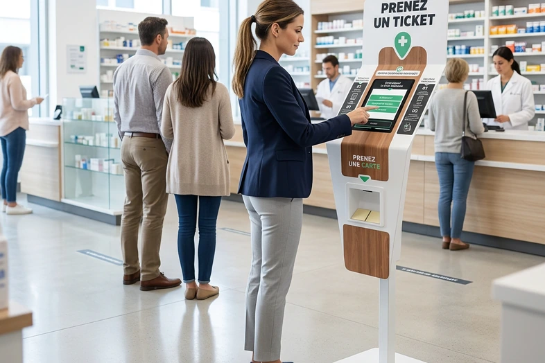 Une femme prend un ticket à une borne dans une pharmacie, d'autres clients font la queue.