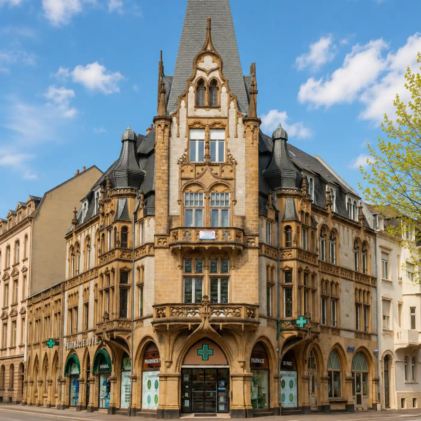 Façade détaillée d'une pharmacie historique à un coin de rue sous un ciel bleu clair.
