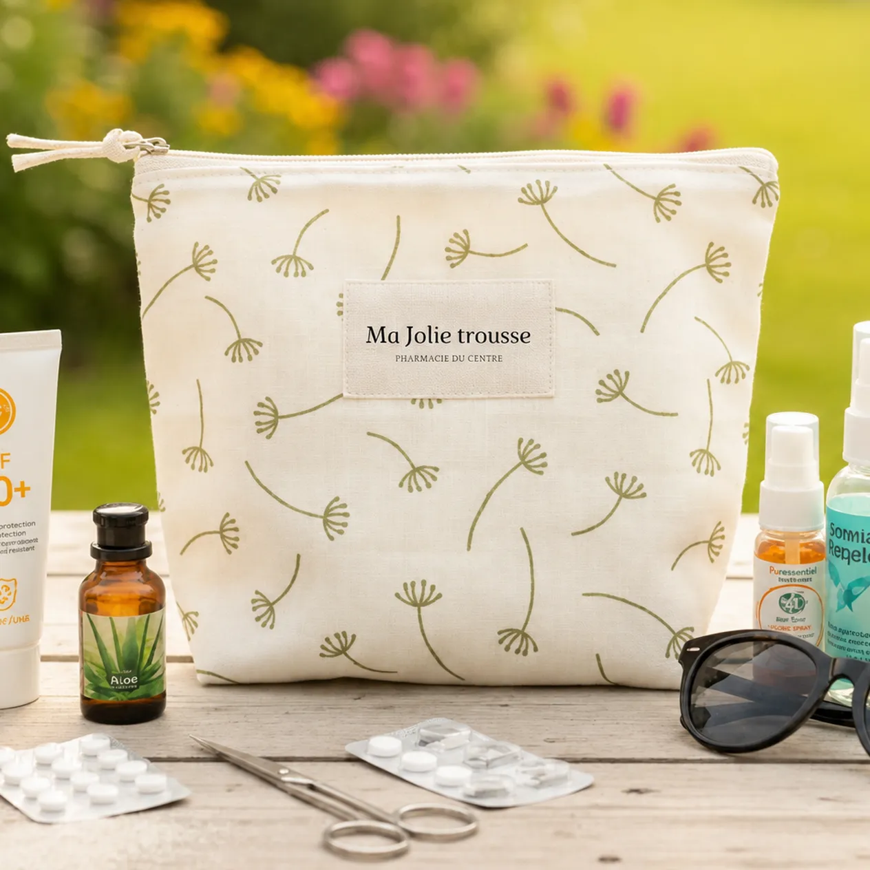Trousse à motifs verts avec produits de soin, lunettes de soleil et médicaments sur table en bois.