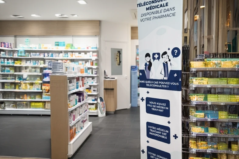 Intérieur d'une pharmacie avec un présentoir de téléconsultation médicale près des étagères de médicaments.
