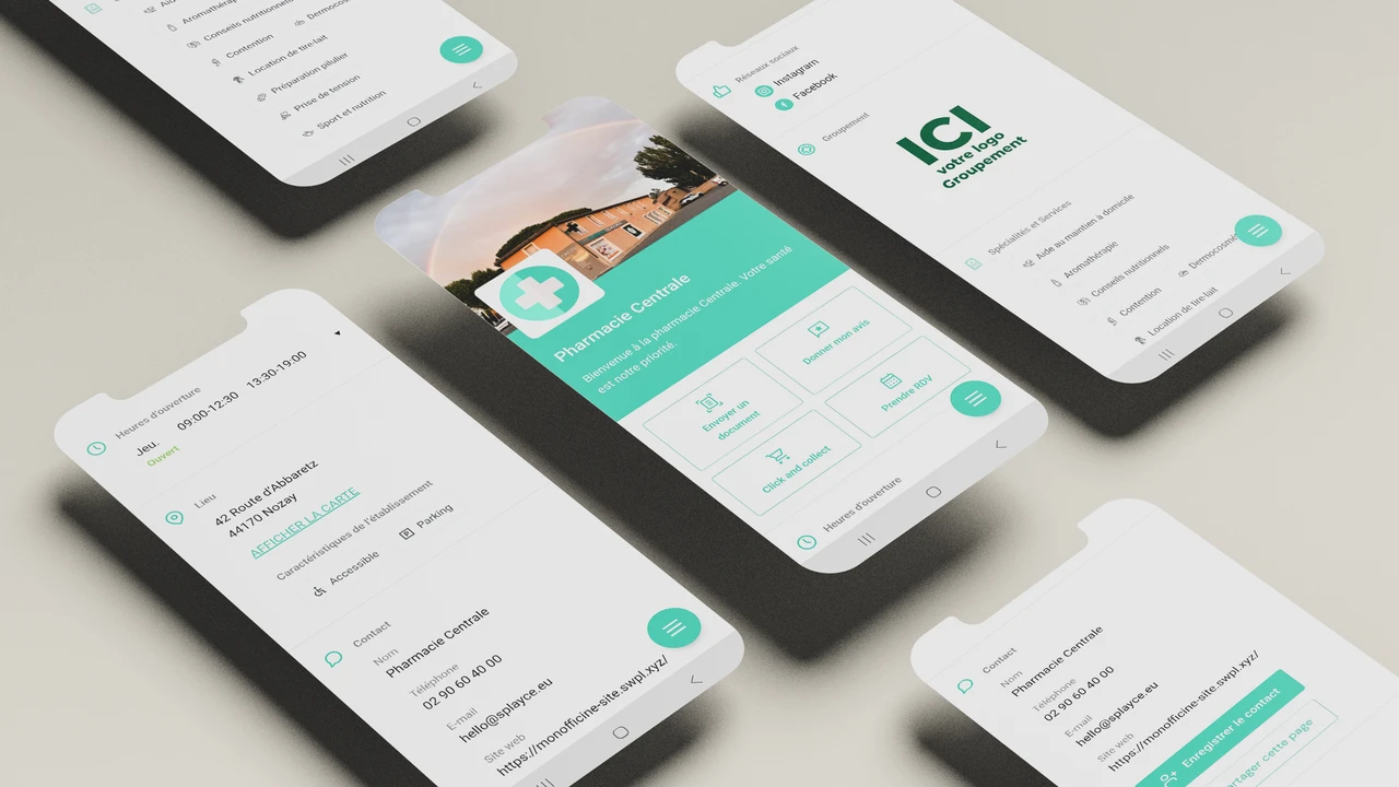 Écrans d'application mobile affichant infos et services d'une pharmacie centrale en ligne.