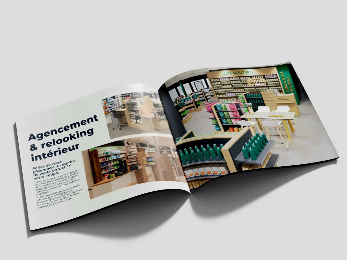 Brochure ouverte montrant l'aménagement intérieur et le relooking d'une pharmacie moderne et organisée.