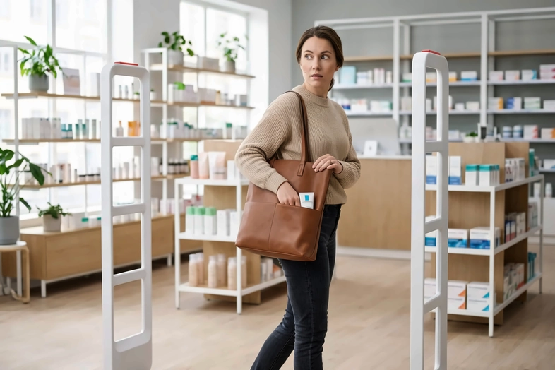 Femme dans une boutique insérant discrètement un produit de soin dans son sac à main en regardant autour.
