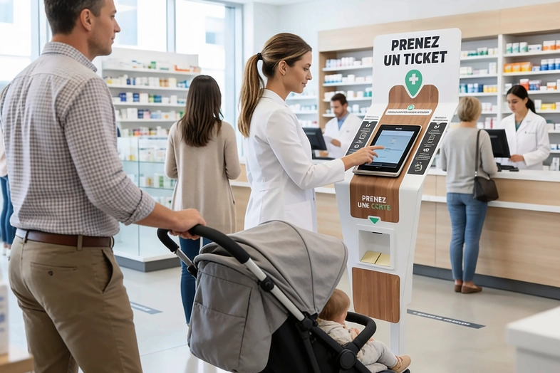 Une femme utilise un automate ticket dans une pharmacie, un homme pousse une poussette avec un bébé.