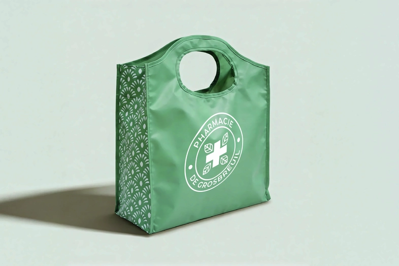 Sac vert réutilisable avec logo blanc de la Pharmacie de Grosbreuil et motifs latéraux.
