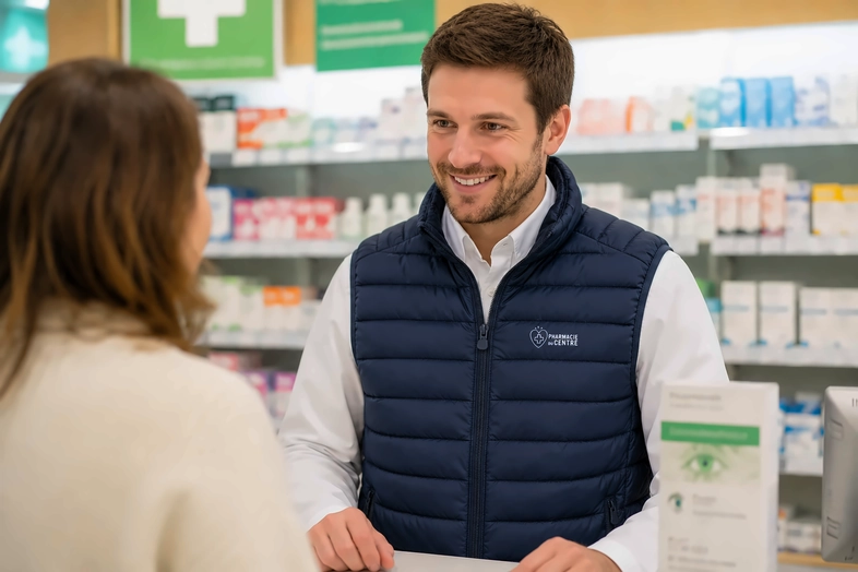 Un pharmacien souriant en gilet bleu discutant avec une cliente à la pharmacie.