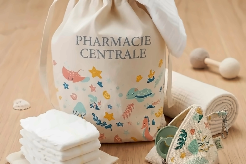 Sac à linge avec texte Pharmacie Centrale et motifs marins, couches pliées, jouet en bois, et petite trousse.