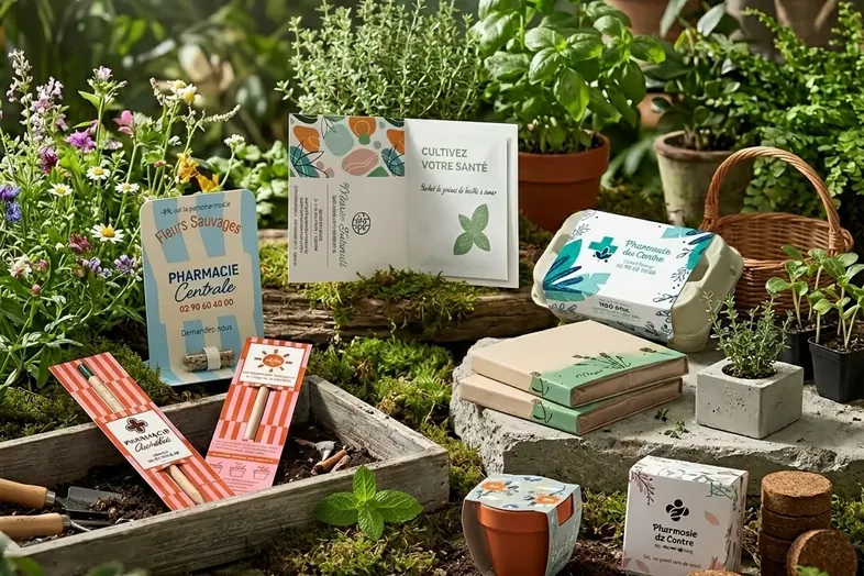 Produits naturels sur mousse et terreau avec plantes en pot et outils de jardinage.
