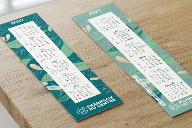 Deux calendriers 2027 avec motifs de feuilles sur une table en bois, marqués Pharmacie du Centre.