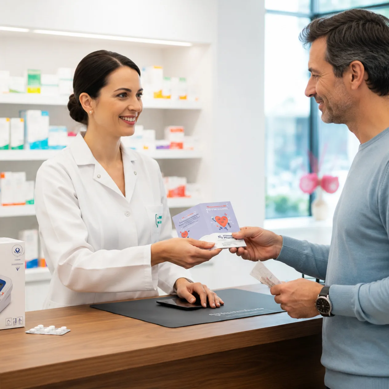Pharmacienne souriante remettant une notice à un homme dans une pharmacie lumineuse.