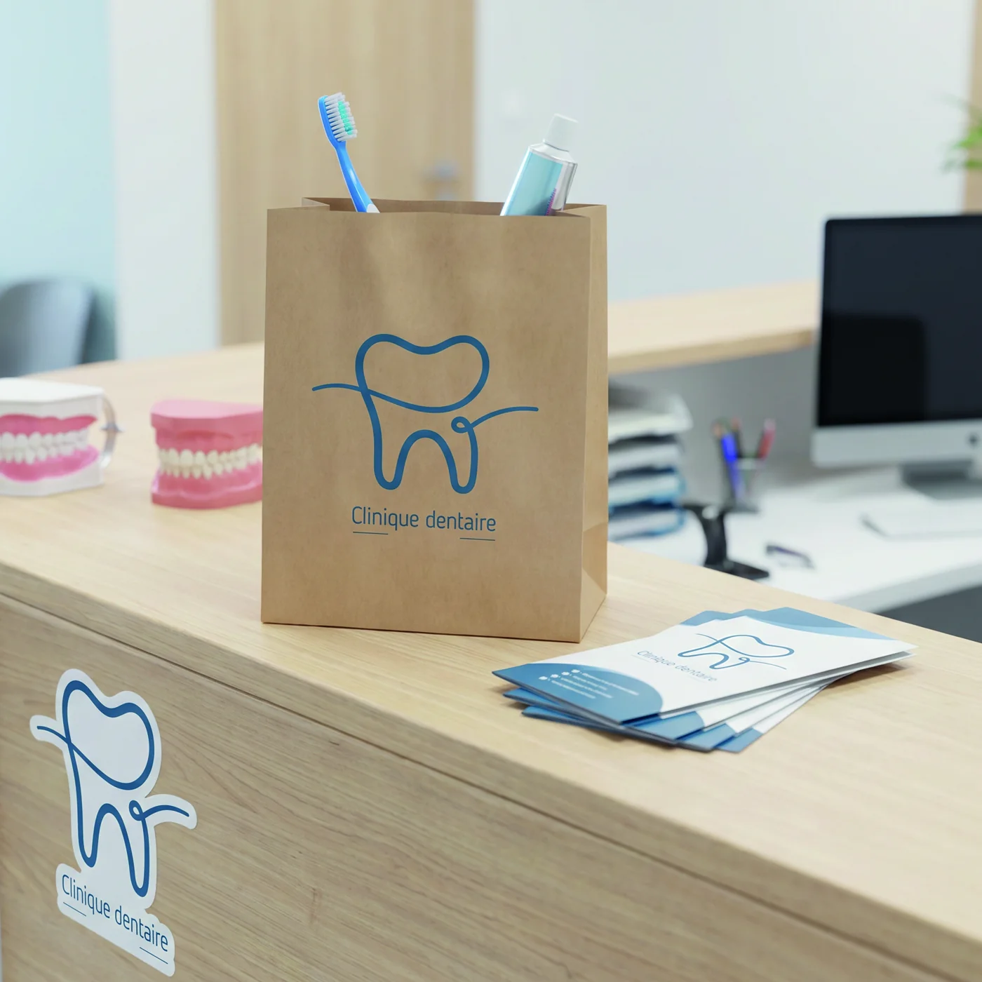 Sac en papier et brochures marqués Clinique dentaire sur un comptoir avec brosse à dents et dentifrice.