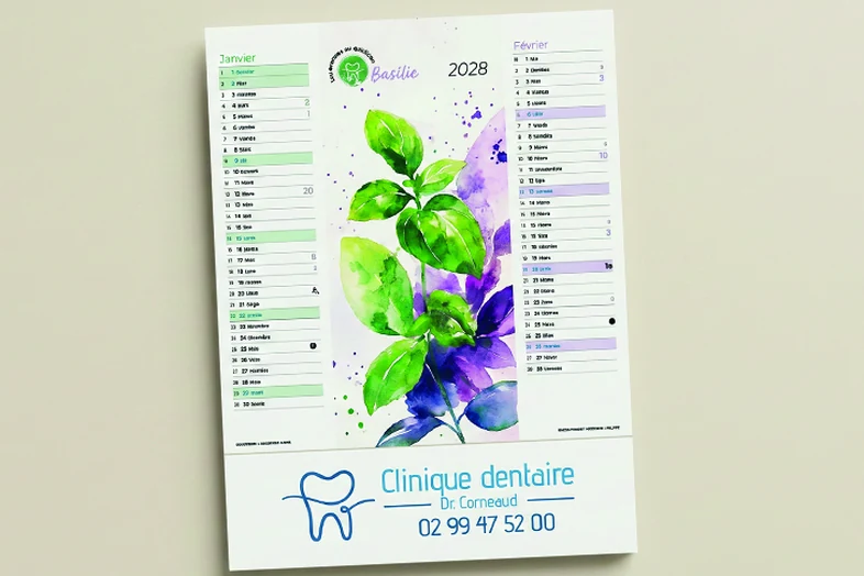 Calendrier 2028 avec illustration de feuilles vertes et violettes et pub clinique dentaire Dr Corneaud.