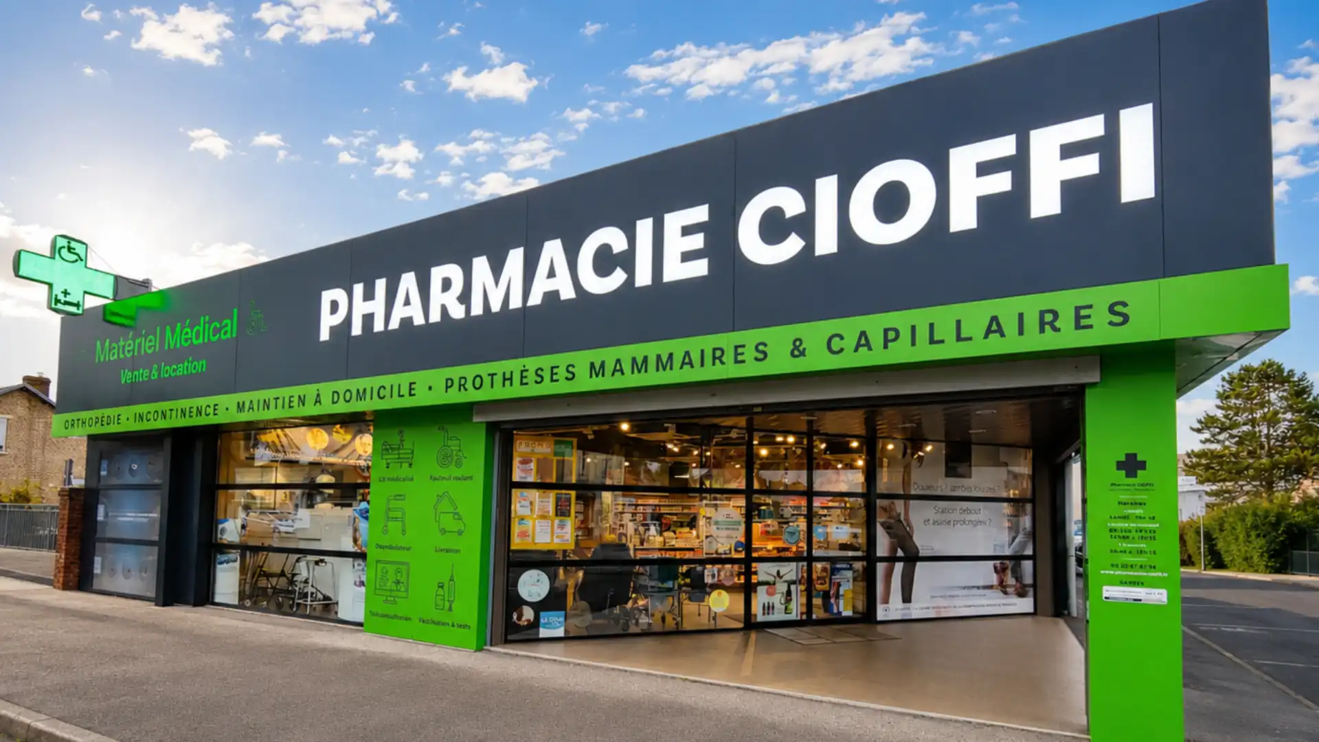 Façade de la pharmacie Cioffi avec enseigne verte et noire et vitrine éclairée en soirée.