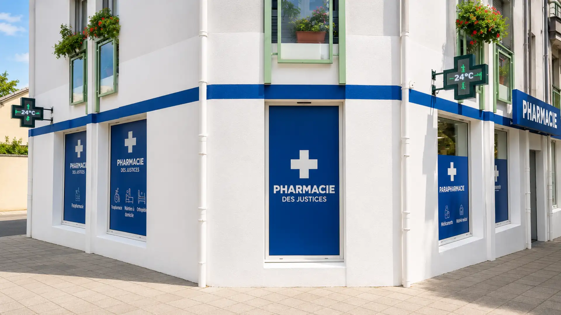 Façade blanche d'une pharmacie avec des panneaux bleus et une croix verte indiquant 24°C.
