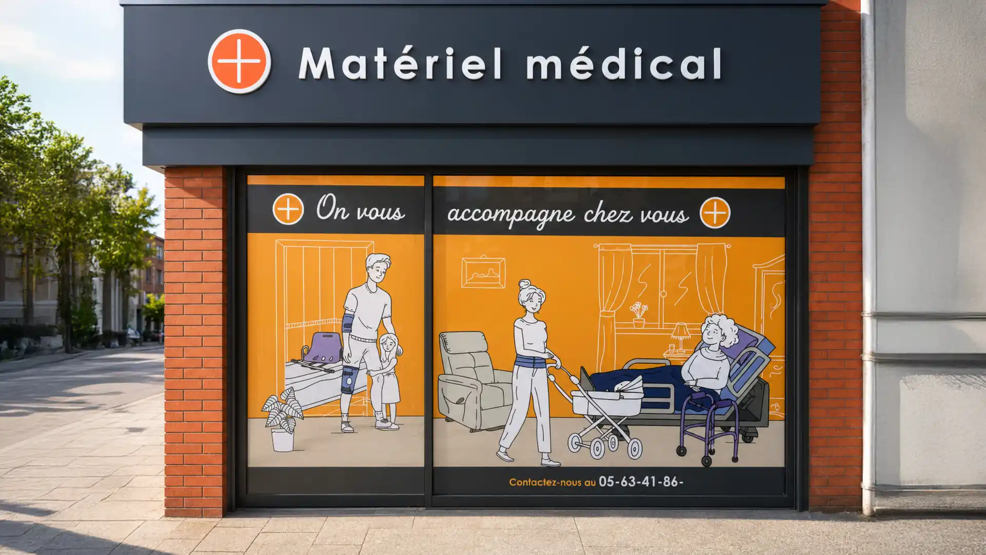 Façade d'un magasin de matériel médical avec illustration de personnes utilisant des aides médicales à domicile.