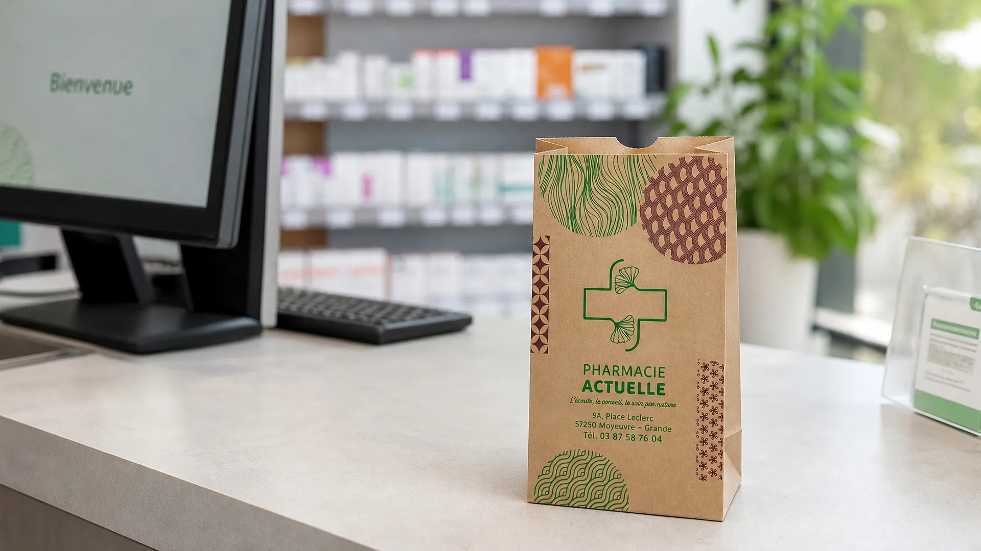 Sac en papier de pharmacie sur un comptoir avec un écran d’ordinateur affichant Bienvenue.