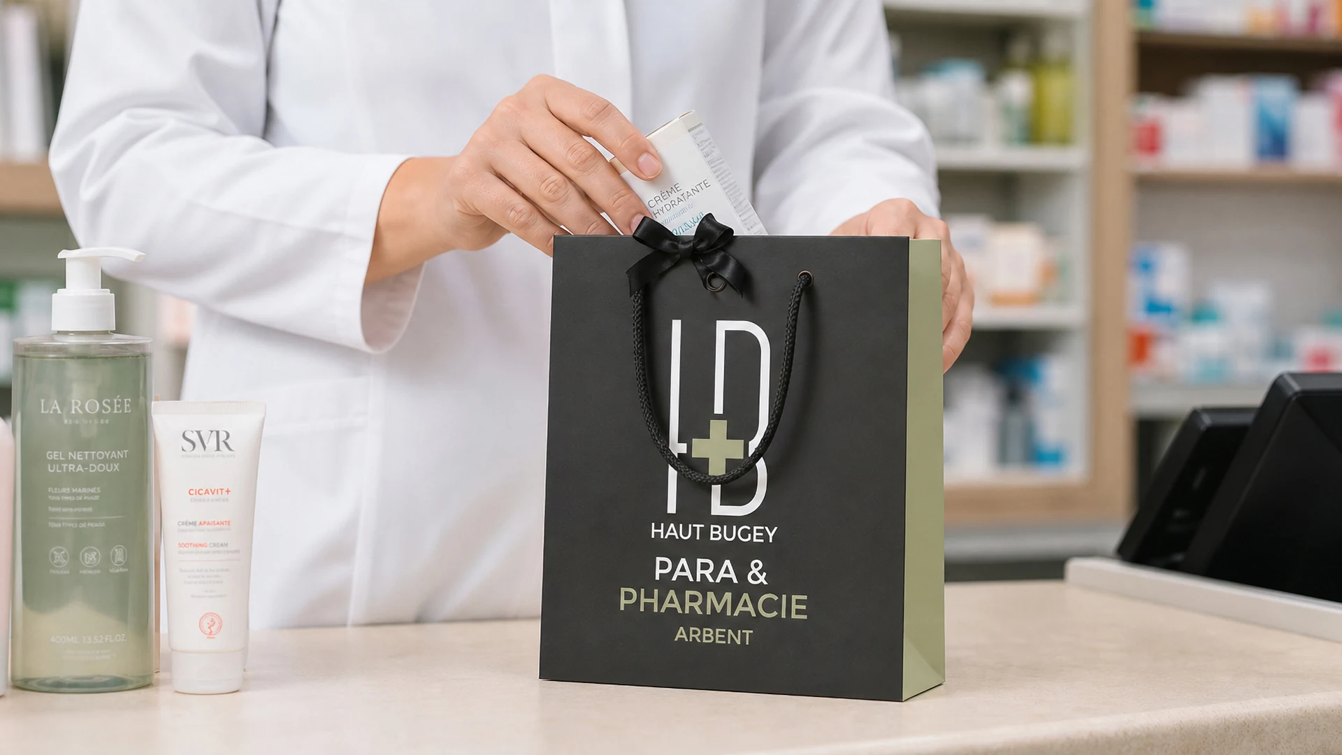 Une personne en blouse blanche mettant un produit dans un sac de pharmacie noir avec un ruban noir.
